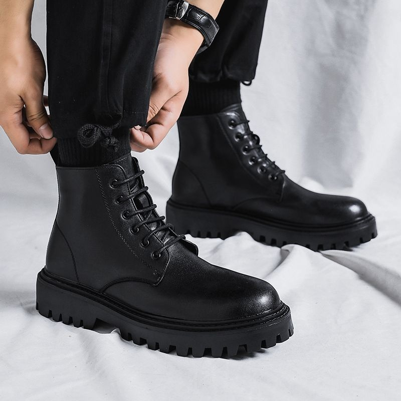 남성 하이탑 가죽 부츠 패션 영국 스타일 레트로 두꺼운 - Men'S Shoes Increase Height 리뷰 및 가격